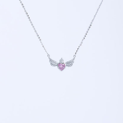 S925 Shinning Love Heart Zircon Pendant Necklace for Women-Sky Blue / Iconic Pink/ Cupid Heart Wings, Romantic Heart Design, Sparkling Sterling Silver Simple Necklace, Dainty Gifts for Mom Daughter Girlfriend, Gift Box.