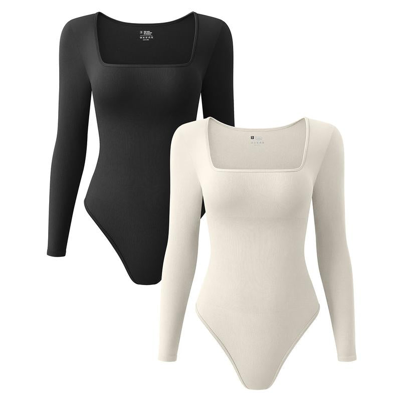 OQQ Women'S Ribbed Bodysuit - Sexy Square Neck Long Sleeve - 2 Piece Set - Tops, Womenswear - Lady