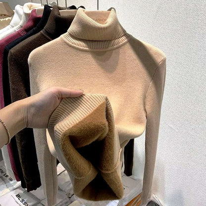 Turtleneck Plush Fleece Sweater Women Winter Fashion Elastic Thicken Pullovers Warm Casual Basic Solid Bottoming Sweater