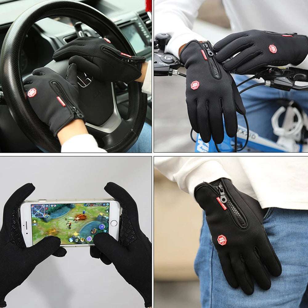 Winter Cycling Sports Gloves Men Women Water Splash Warm Touch Screen Motorcycle Anti-Slip Skiing Zipper Windproof Driving