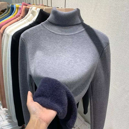 Turtleneck Plush Fleece Sweater Women Winter Fashion Elastic Thicken Pullovers Warm Casual Basic Solid Bottoming Sweater