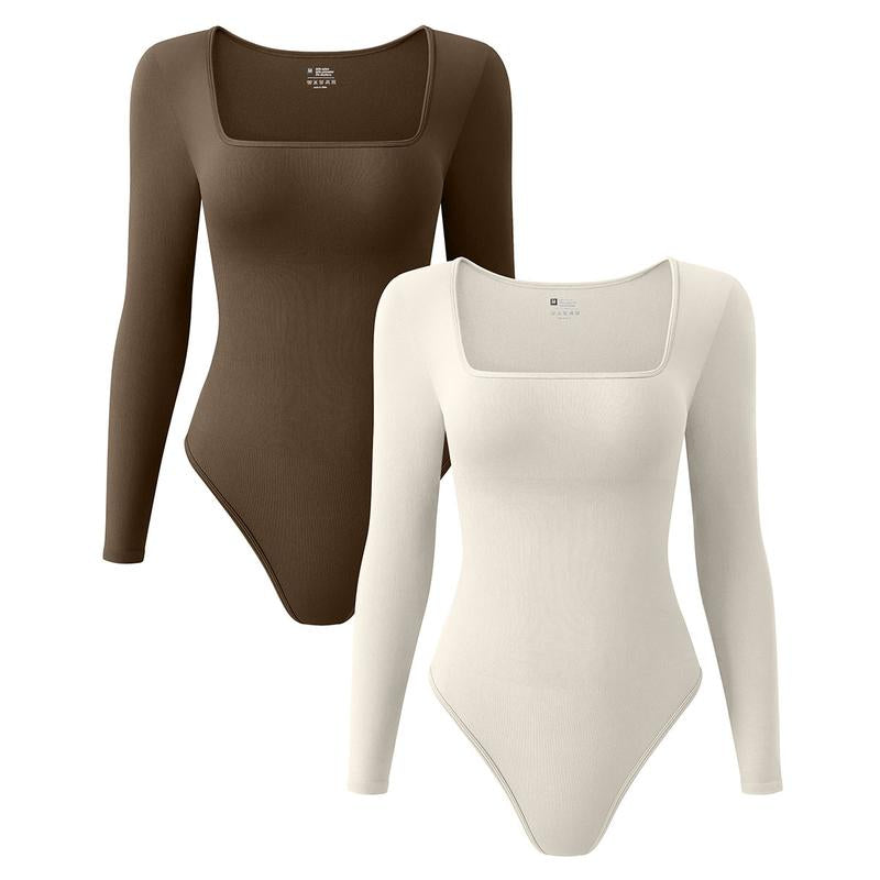 OQQ Women'S Ribbed Bodysuit - Sexy Square Neck Long Sleeve - 2 Piece Set - Tops, Womenswear - Lady