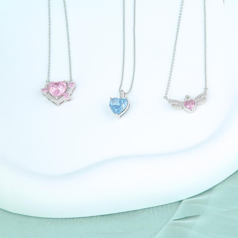 S925 Shinning Love Heart Zircon Pendant Necklace for Women-Sky Blue / Iconic Pink/ Cupid Heart Wings, Romantic Heart Design, Sparkling Sterling Silver Simple Necklace, Dainty Gifts for Mom Daughter Girlfriend, Gift Box.