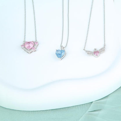 S925 Shinning Love Heart Zircon Pendant Necklace for Women-Sky Blue / Iconic Pink/ Cupid Heart Wings, Romantic Heart Design, Sparkling Sterling Silver Simple Necklace, Dainty Gifts for Mom Daughter Girlfriend, Gift Box.