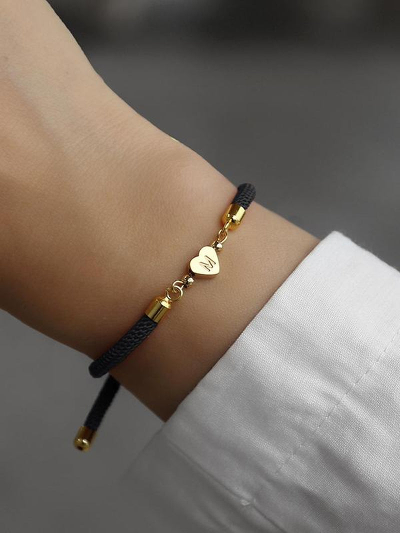 Women Letter Decor Adjustable Bracelet, Fashion Simple Heart Design Hand Jewelry for Girls Gift, All-Match Stainless Steel Fashion Accessories for Daily Wear