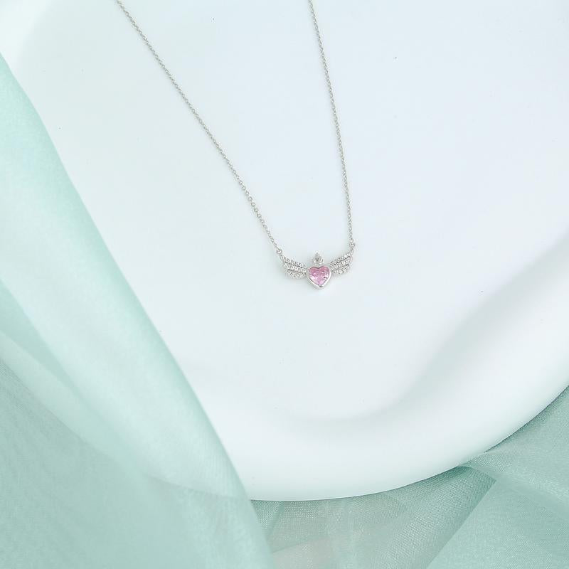 S925 Shinning Love Heart Zircon Pendant Necklace for Women-Sky Blue / Iconic Pink/ Cupid Heart Wings, Romantic Heart Design, Sparkling Sterling Silver Simple Necklace, Dainty Gifts for Mom Daughter Girlfriend, Gift Box.