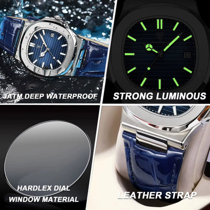 Top Luxury Square Man Watch Date Waterproof Luminous Men Wristwatch High Quality Leather Men'S Quartz Watches+Box Reloj