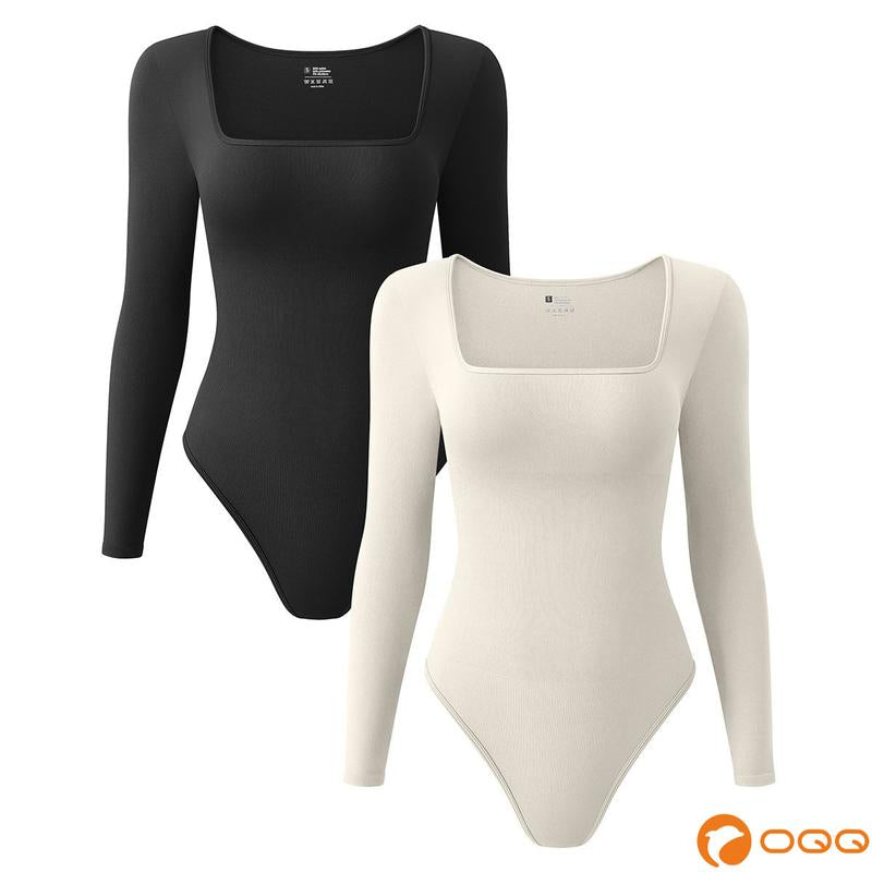 OQQ Women'S Ribbed Bodysuit - Sexy Square Neck Long Sleeve - 2 Piece Set - Tops, Womenswear - Lady