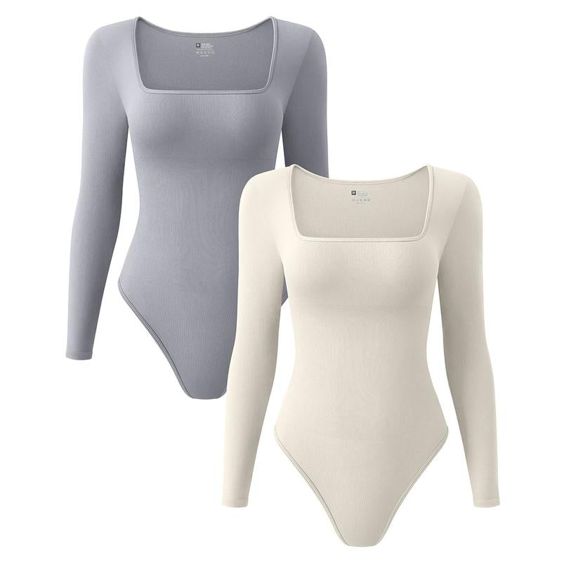 OQQ Women'S Ribbed Bodysuit - Sexy Square Neck Long Sleeve - 2 Piece Set - Tops, Womenswear - Lady