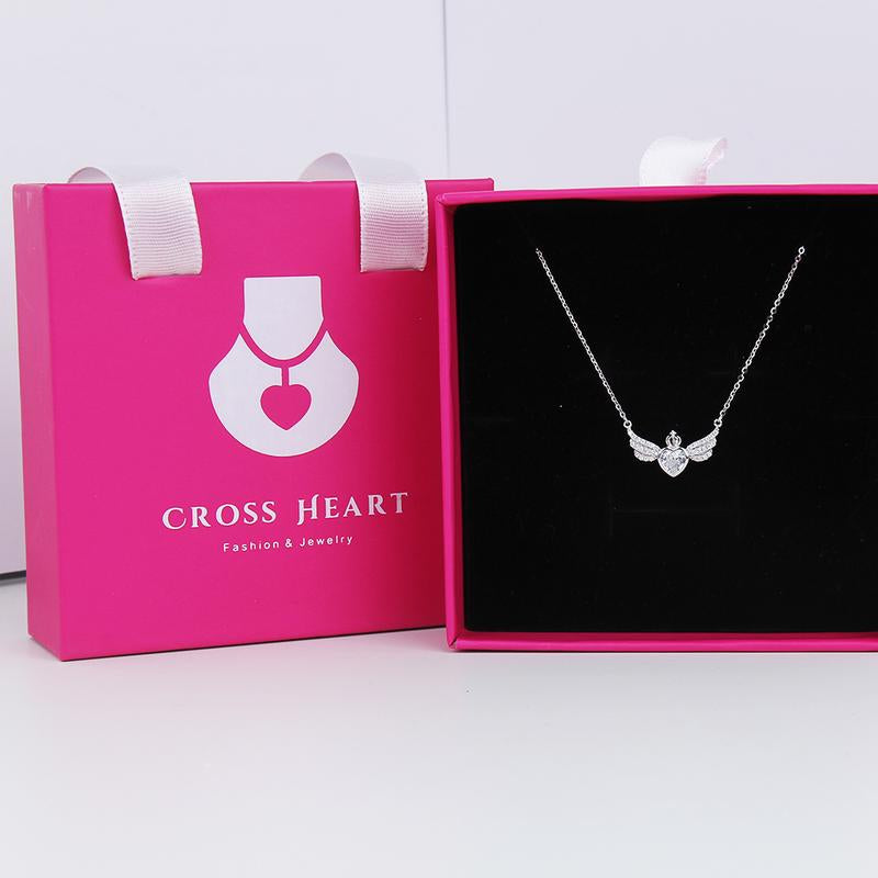 S925 Shinning Love Heart Zircon Pendant Necklace for Women-Sky Blue / Iconic Pink/ Cupid Heart Wings, Romantic Heart Design, Sparkling Sterling Silver Simple Necklace, Dainty Gifts for Mom Daughter Girlfriend, Gift Box.