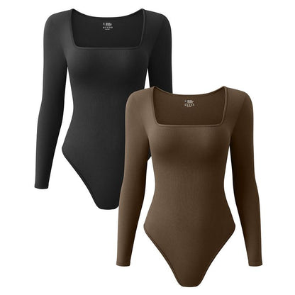 OQQ Women'S Ribbed Bodysuit - Sexy Square Neck Long Sleeve - 2 Piece Set - Tops, Womenswear - Lady